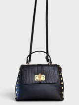 Madisse - Italian Leather Croc-Embossed Top Handle Bag with Gold Rivet Detailing