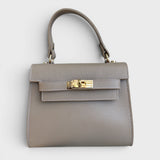 Meelana - Italian Leather Classic Satchel Handle Bag with Kelly Inspired Gold Twist Lock