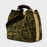 Vittoria - Handmade Italian Fabric Army Green Chenille Handbag with Velvet Shoulder Strap