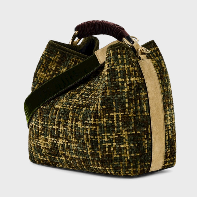 Vittoria - Handmade Italian Fabric Army Green Chenille Handbag with Velvet Shoulder Strap