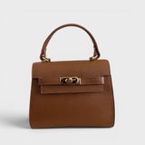 Meelana - Italian Leather Classic Satchel Handle Bag with Kelly Inspired Gold Twist Lock