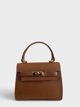 Meelana - Italian Leather Classic Satchel Handle Bag with Kelly Inspired Gold Twist Lock