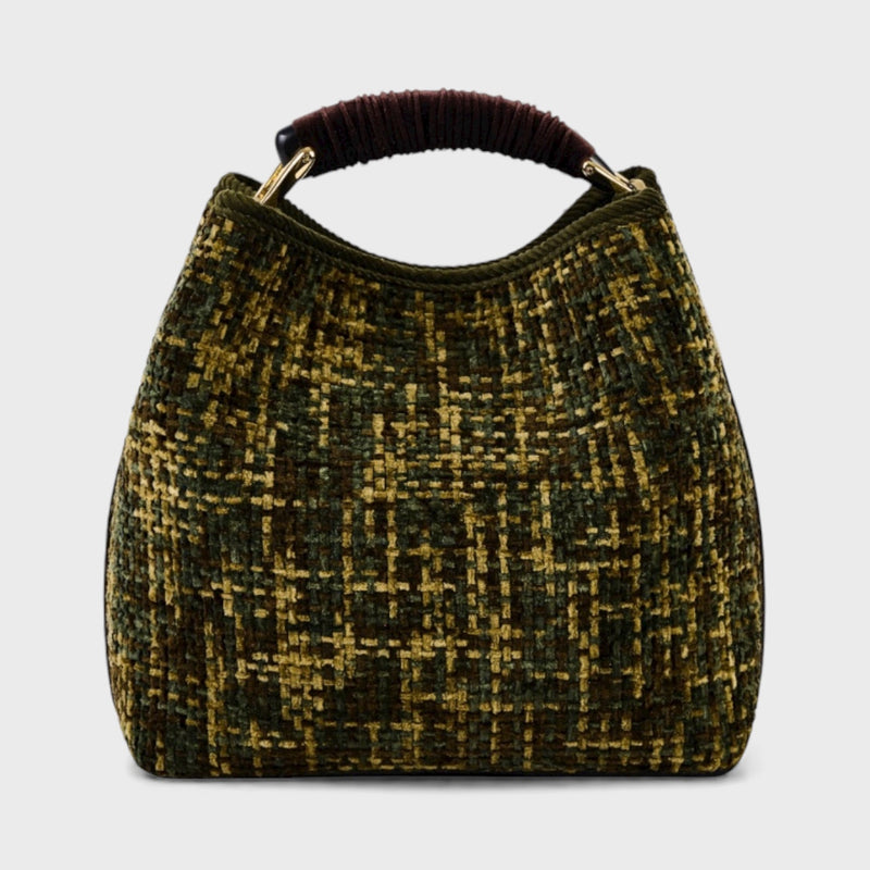 Vittoria - Handmade Italian Fabric Army Green Chenille Handbag with Velvet Shoulder Strap