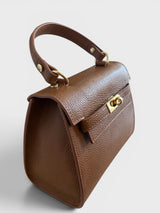 Meelana - Italian Leather Classic Satchel Handle Bag with Kelly Inspired Gold Twist Lock