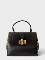 Madisse - Italian Leather Croc-Embossed Top Handle Bag with Gold Rivet Detailing