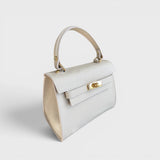 Meelana - Italian Leather Classic Satchel Handle Bag with Kelly Inspired Gold Twist Lock