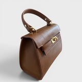 Meelana - Italian Leather Classic Satchel Handle Bag with Kelly Inspired Gold Twist Lock