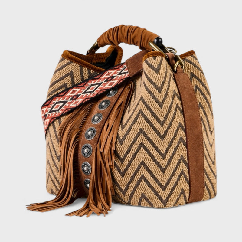 Vittoria - Handmade Italian Fabric Boho Fringe Shoulder Bag with Western Stud Accents